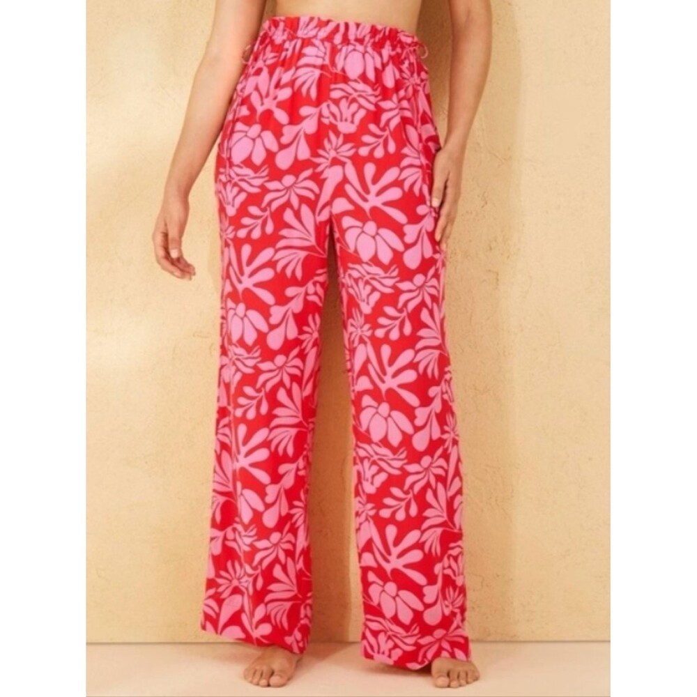 Shade & Shore Pink on Red Floral Wide-Leg Pants Large 12 14 Palazzo Swim